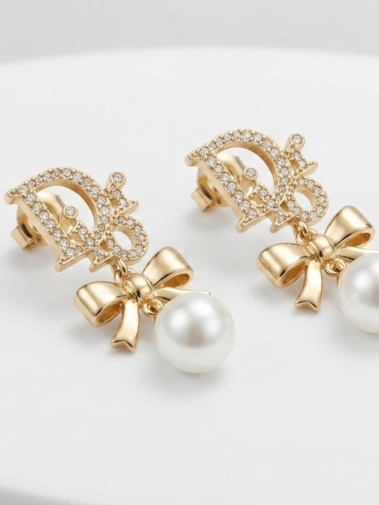 The Unbranded Brand Jewelry - Designer Dior Gold Crystal 'D' Bow Earrings with White Pearl Drop